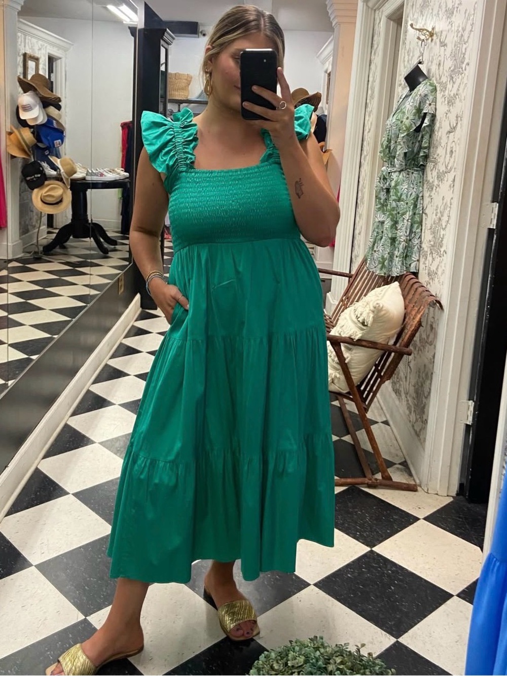 Crosby Green Smocked Ruffle Strap Midi Dress